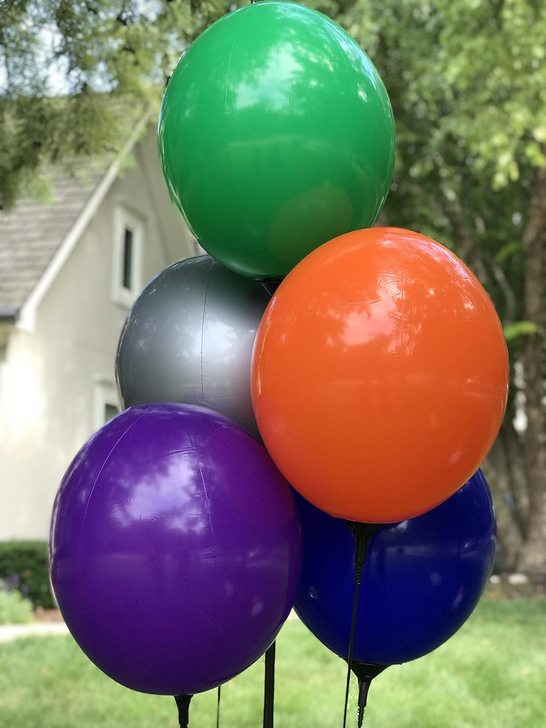 Reusable Balloon Cluster Kit with Ground Spike - Multi Color Balloons - No Helium - Weatherproof Balloons - 5 Durable Balloons and Pole Kit Included