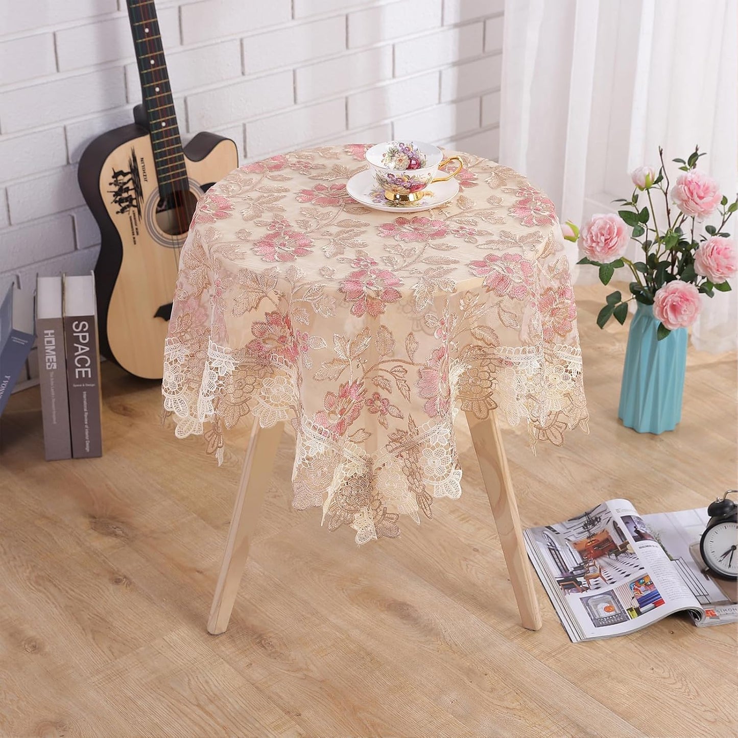Round Embroidered Lace Tablecloth Vintage Decorative Exquisite Border Table Cover for Party Wedding Home Decorations, Round-35, Pink