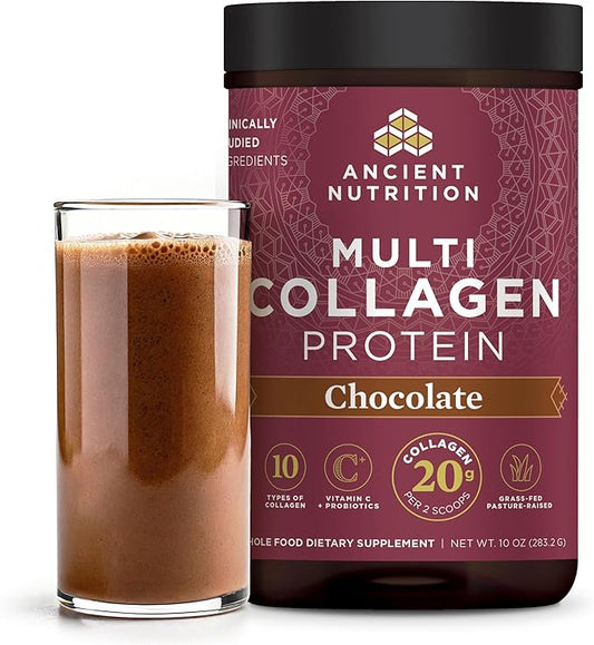 Ancient Nutrition Collagen Peptides Powder, Multi Collagen Protein, Women & Men, Vitamin C, Probiotics, Hydrolyzed Collagen, Supports Skin, Joints, Gut Health, Chocolate, 24 Servings