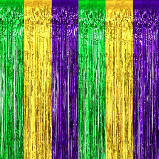 4 Pack Mardi Gras Foil Fringe Curtain Backdrop, 3.28Ft x 8.2Ft Gold Green Purple Metallic Tinsel Foil Fringe Streamers Curtains for Photo Booth, Wedding, Birthday Party Decoration