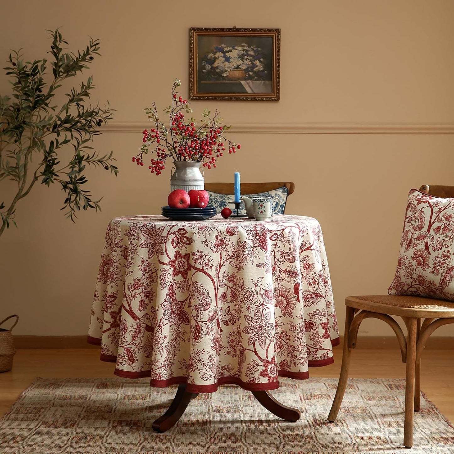 ISAENNE Designer French Linen Round Tablecloth,Red Floral Washable Indoor Table Cloth,Durable Home Decor Tablecloths for Dining Thanksgiving Kitchen Party Christmas,Diameter 67"-Ruyi A