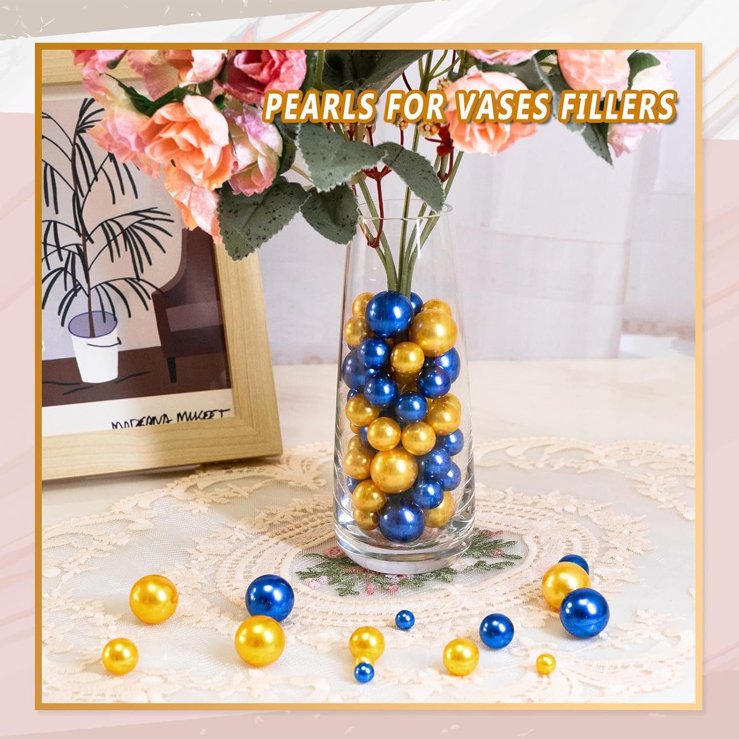 300Pcs Vase Filler Blue and Golden Yellow No Hole Faux Pearl Beads for Vase Filling Decorations, Candle Centerpieces, Wedding Centerpieces, Home Party Decor (8/14/20mm)