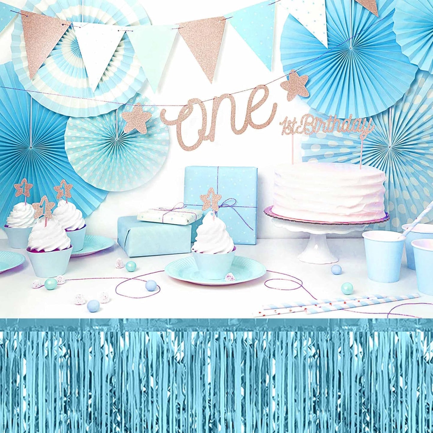 3 Pack 29 x108 Inch Light Blue Foil Fringe Table Skirts Metallic Banner for Tinsel Streamer Garland Backdrop for Parade Floats Mother's Day, Graduate, Birthday, Wedding Party Decoration