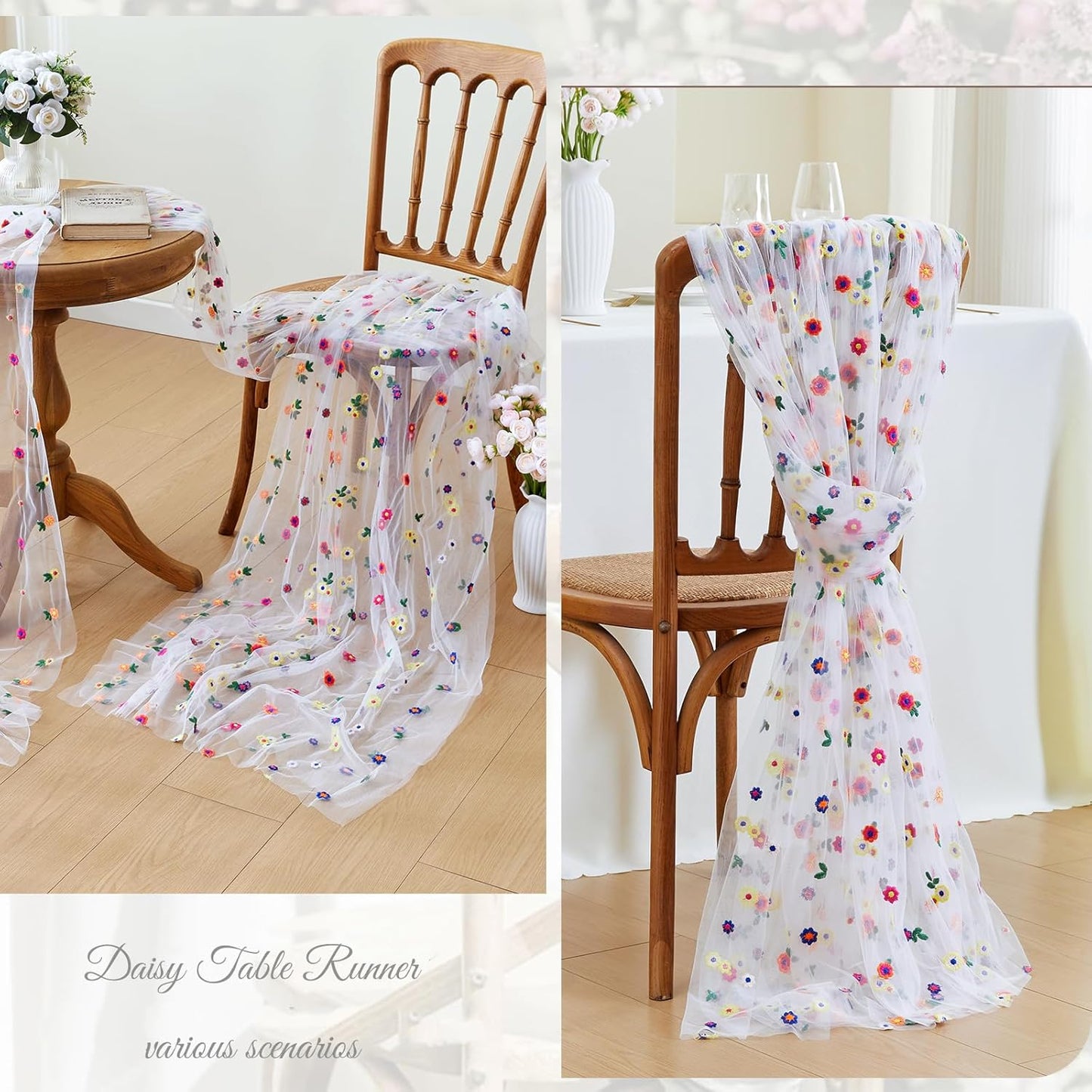 JIALE 3 Pack Ivory Floral Table Runner, Embroidery Daisy Seasonal Table Decorations, 120Inch 10FT Tulle Fabric for Home Decor, Bridal Shower Wedding, Baby Shower Parties, DIY Craft