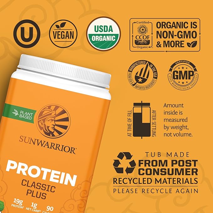 Vegan Organic Protein Powder Plant-based | 5 Superfood Quinoa Chia Seed Soy Free Dairy Free Gluten Free Synthetic Free NON-GMO | Unflavored 30 Servings | Classic Plus by Sunwarrior