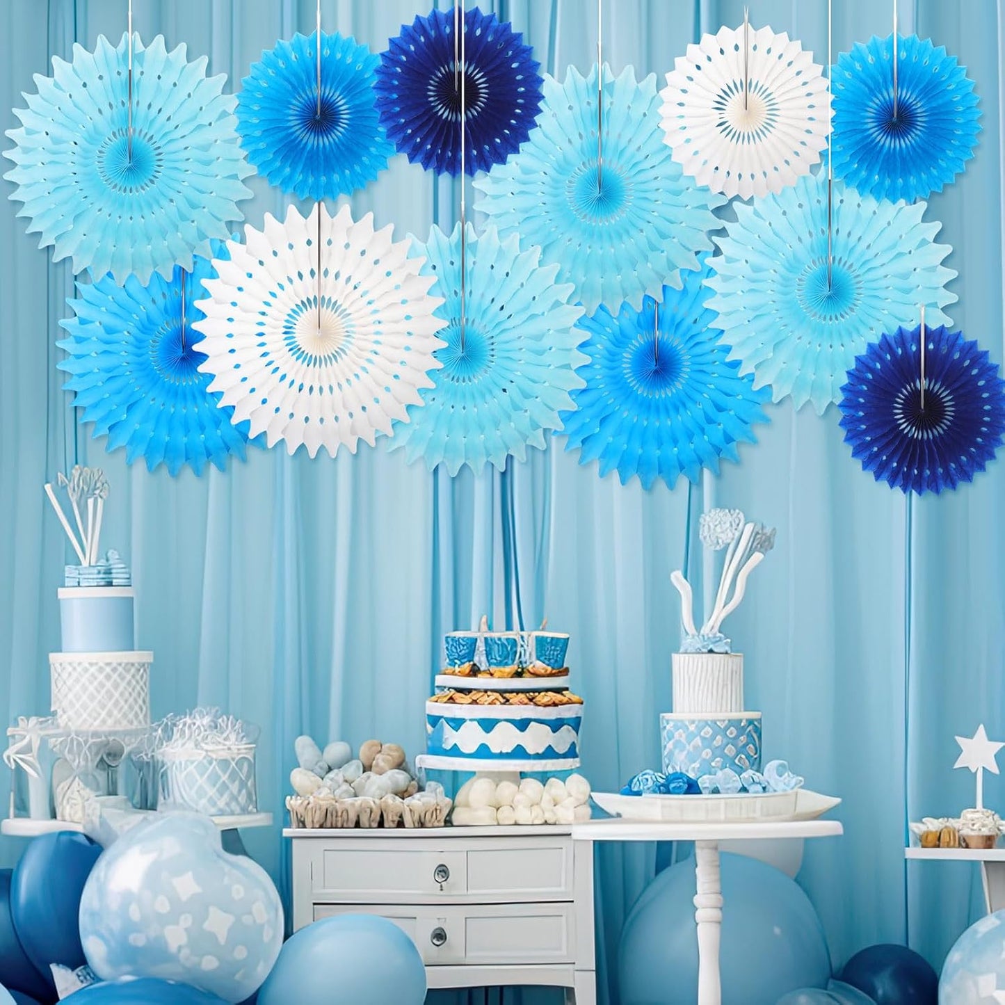 Outus 12 Pcs Hanging Honeycomb Paper Fans Sets, Fiesta Blue and White Party Decorations, Tissue Paper Flowers Supplies for Birthday Wall Classroom Wedding Bridal Photo Backdrop (8/14 Inch)