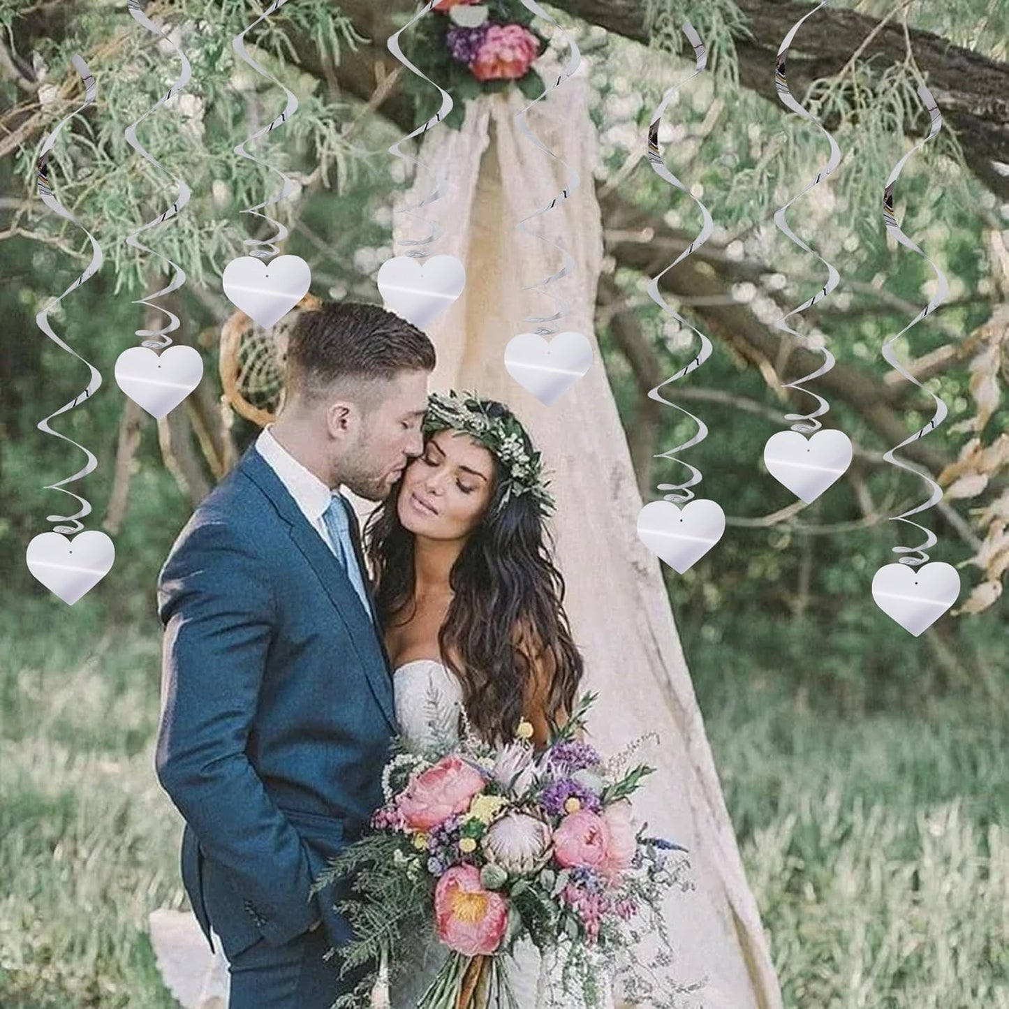 BEISHIDA Happy Valentine's Day Hanging Swirls Valentine's Decorations Silver Heart Hanging Ornament Wedding Anniversary Engagement Proposal Party Supplies Romantic Party Decorations Pack of 15