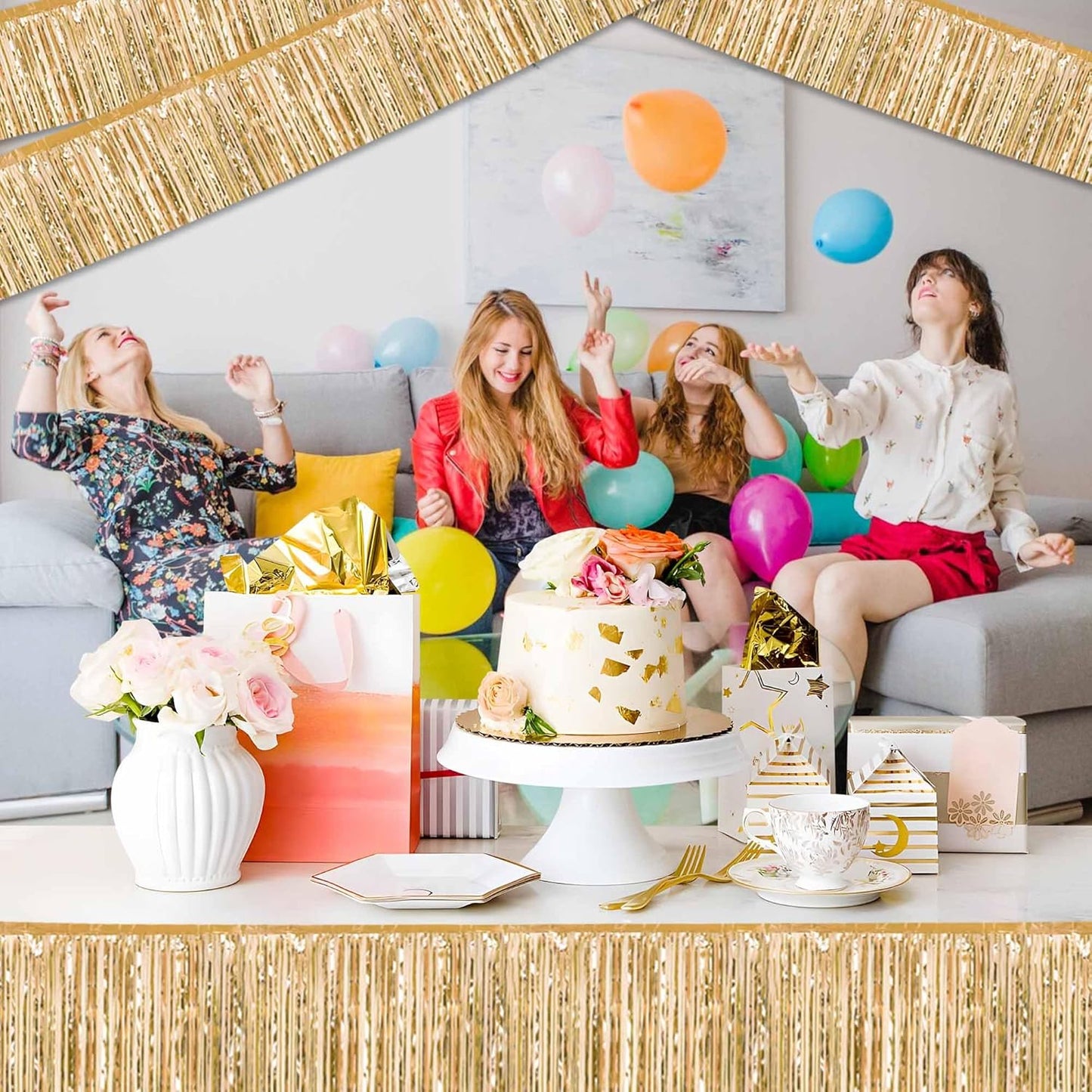 6 Pack 10 Ft Champagne Gold Foil Fringe Garland Metallic Streamers Tinsel Banner Wall Hanging Garland Backdrop for Parade Floats, Halloween, Christmas, Thanksgiving, New Year Party Decorations