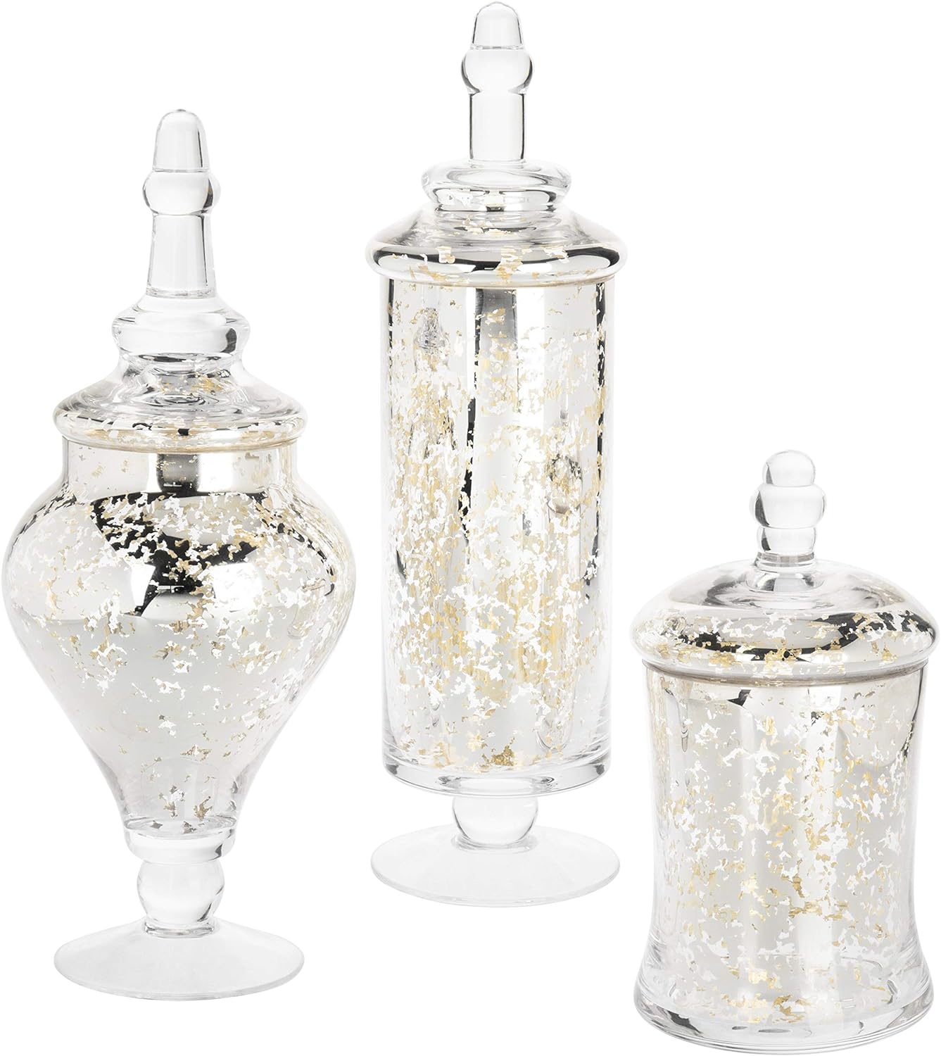 MyGift Set of 3 Silver Mercury Glass Apothecary Jars, Weddings Centerpiece Candy Buffet