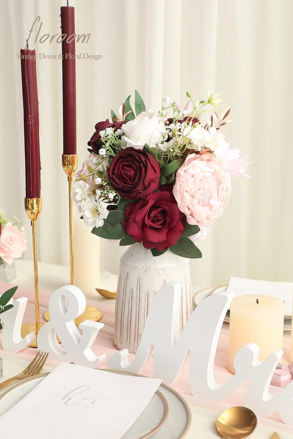 Floroom Blush Burgundy Artificial Flowers Dark Red Fake Roses Peonies Dahlia and Greenery Combo Box Set for DIY Wedding Bouquets Bridal Shower Centerpieces Floral Arrangements Party Tables Decorations