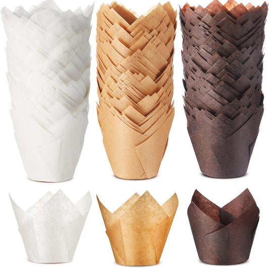 300 Pcs Jumbo Muffin Liners for Baking 2-1/4" x 4" Large Tulip Cupcake Liners Greaseproof Cupcake Wrapper Paper for Weddings Birthday Christmas Anniversaries Party (Light Brown,White,Brown)