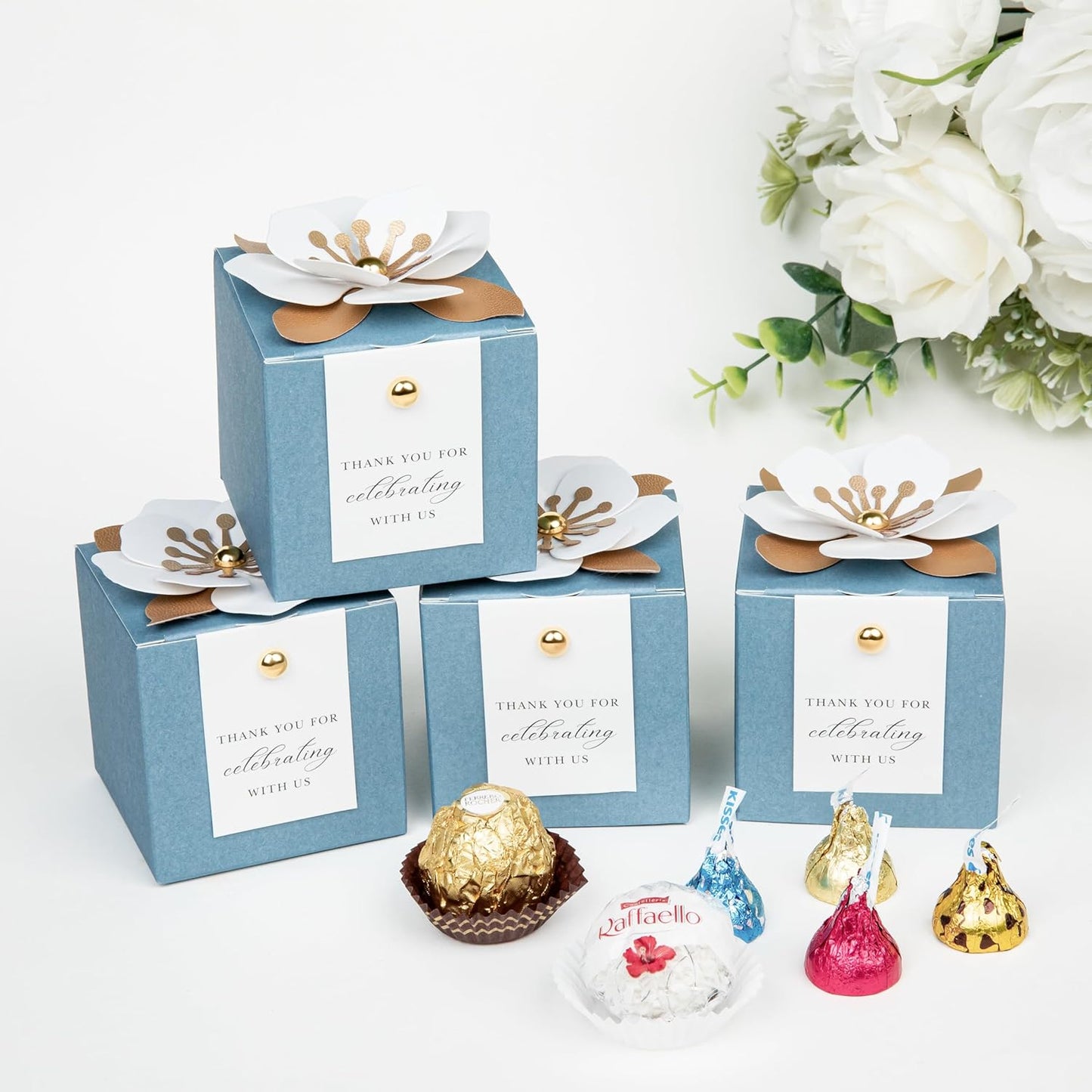 FEIYI 20 PCS Candy Boxes, 3 In 1 Dusty Blue Favor Boxes with Floral Decor, White Thank You Tags Gift wrapping for Wedding Birthday Baby Shower Decorations Party -2.55x2.55x2.55''