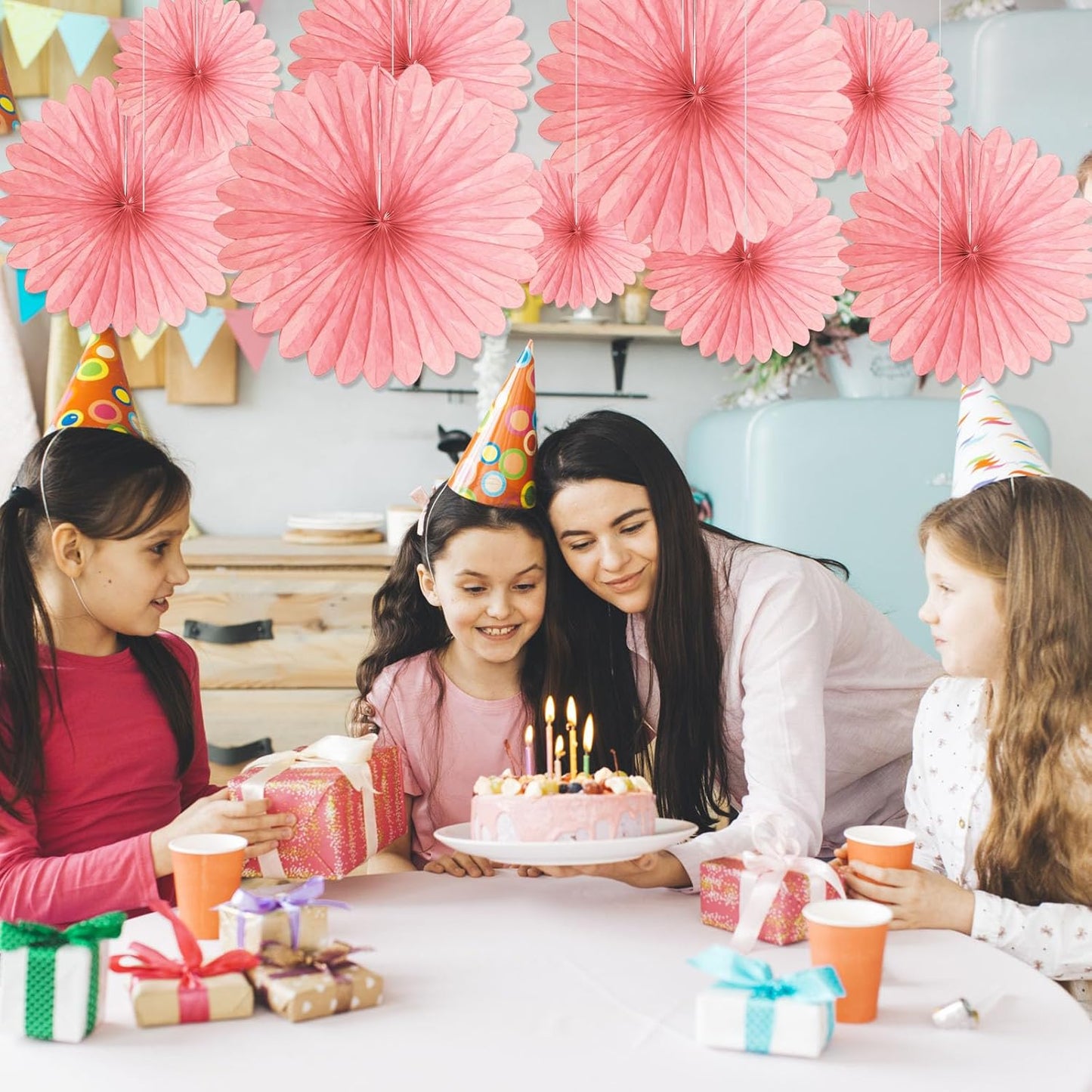 20 Pcs Light Pink Hanging Paper Fan, Round Paper Fans Decorations Set for Weddings, Birthdays, Engagement, Bridal Shower, Baby Shower Event, Graduation, Party Supplies Decor