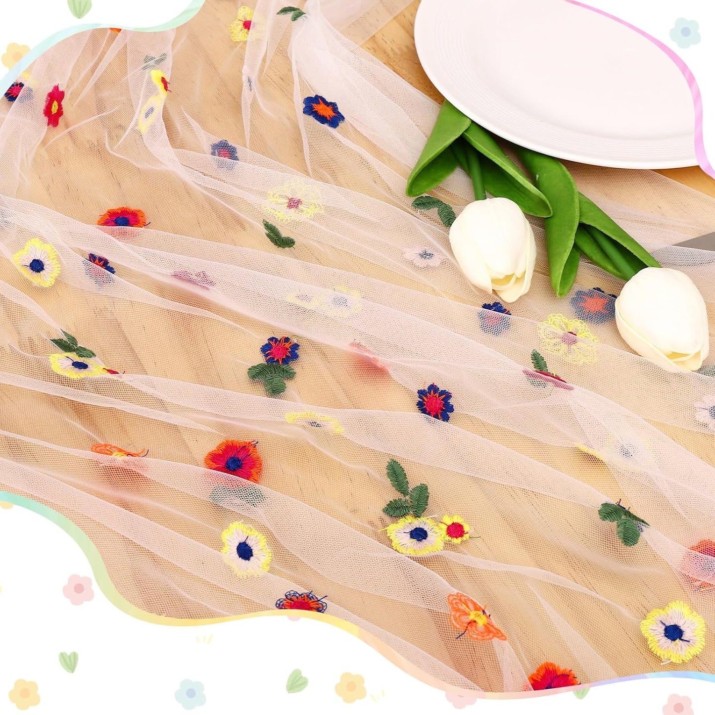 BINBE 1pcs Ivory Daisy Fall Table Runner Embroidery Gauze 10FT Florals Seasonal Tulle Holiday Birthday Kitchen Dining Table Decor for Home Party