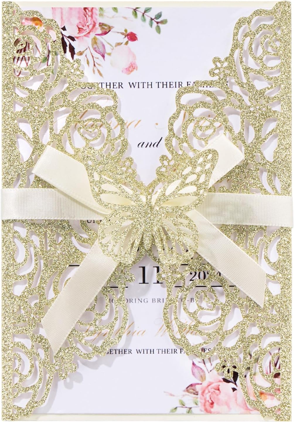 50PCS Gold Glitter Laser Cut Wedding Invitation with Butterfly Ribbons Hollow Rose Shape Wedding Invitations with Envelopes and Rsvp Cards for Wedding Bridal Shower QuinceañEra Engagement