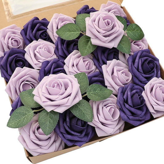 Floroom Artificial Flowers 25pcs Real Looking Lilac & Purple Foam Fake Roses with Stems for DIY Wedding Bouquets Bridal Shower Centerpieces Floral Arrangements Party Tables Home Decorations