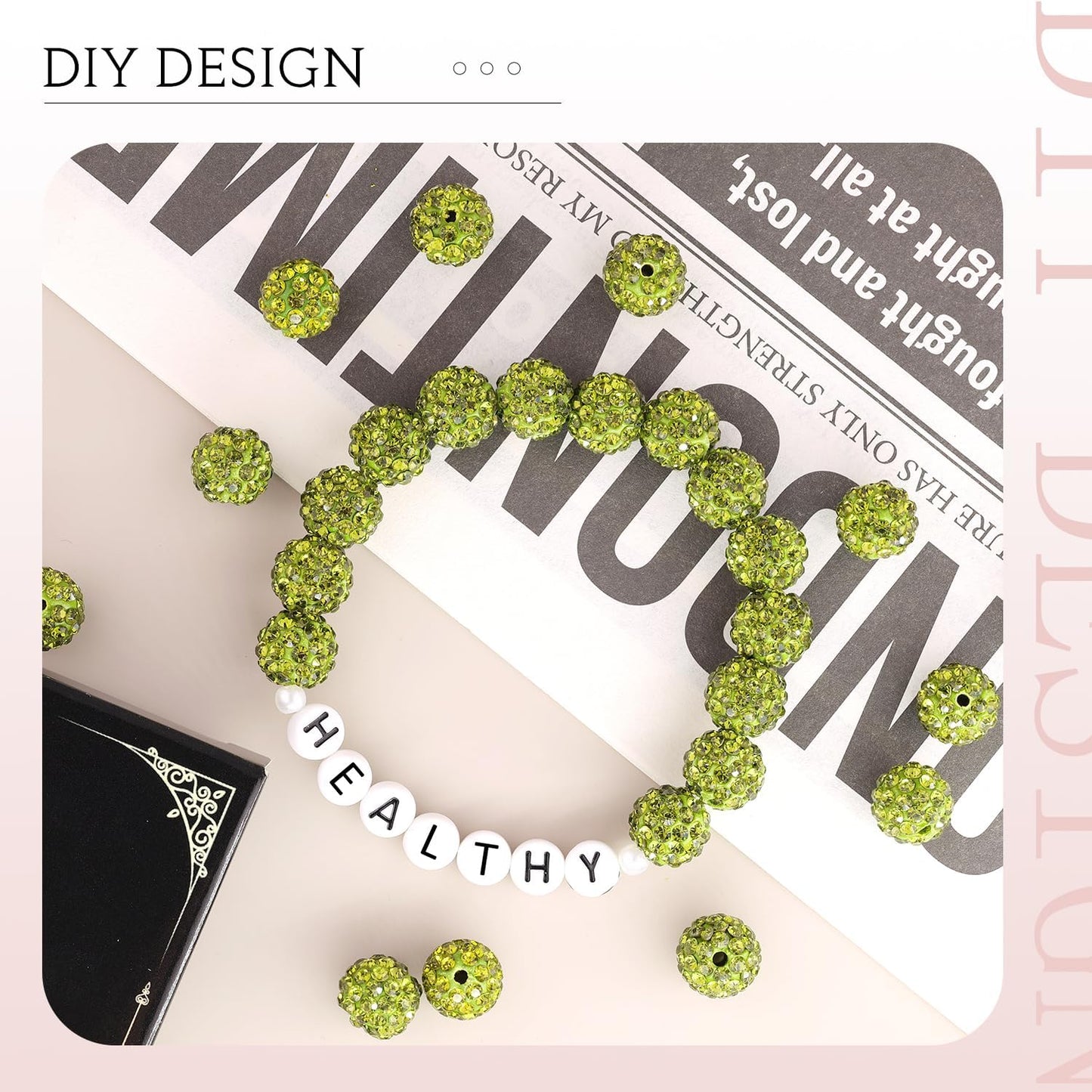 200pcs 10mm Olivine Rhinestone Beads for Jewelry Making, Shiny Round Shamballa Disco Ball Beads Bulk, Sparkle Crystal Clay Christmas for Bracelet Baseball Necklace Earring Crafting and DIY