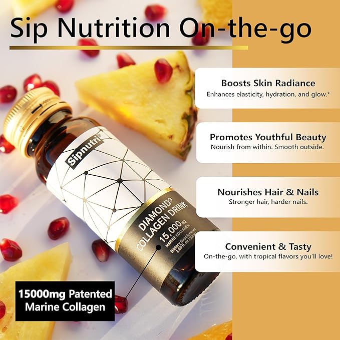 Diamond Liquid Collagen Drink, 15000 mg Hydrolyzed Marine Collagen Peptides with Vitamin C, Pomegranate, Healthy Hair Skin Nails Joints Bones Support, 50 ml x 10 Bottles