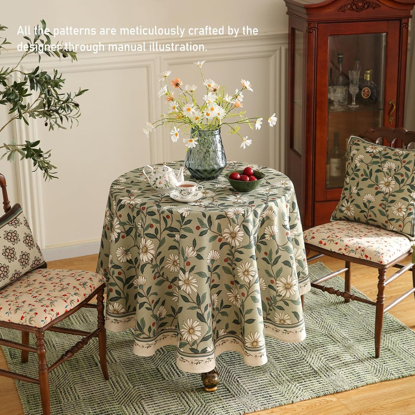 ISAENNE Designer Green Linen Small Round Tablecloth,Floral French Country Indoor Table Cloth,Stain Resistant Home Decor Tablecloths for Dining Kitchen Thanksgiving Party,Diameter 55"-Brune