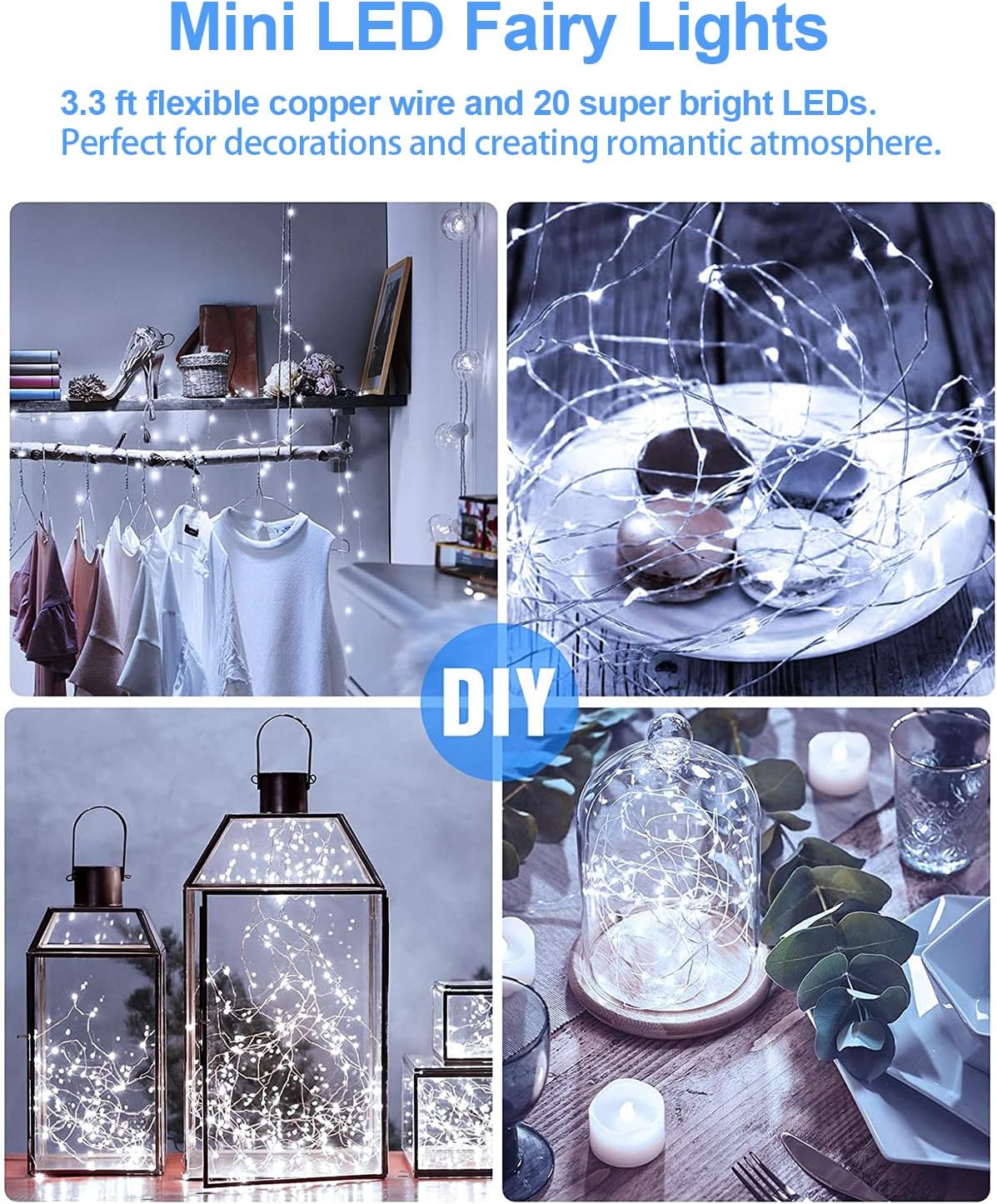 20 Pack Fairy Lights Battery Operated 3.3ft 20 LED Mini String Twinkle Copper Wire Firefly Starry for Mason Jars Wedding Party Christmas Centerpiece Table Decorations, Cool White