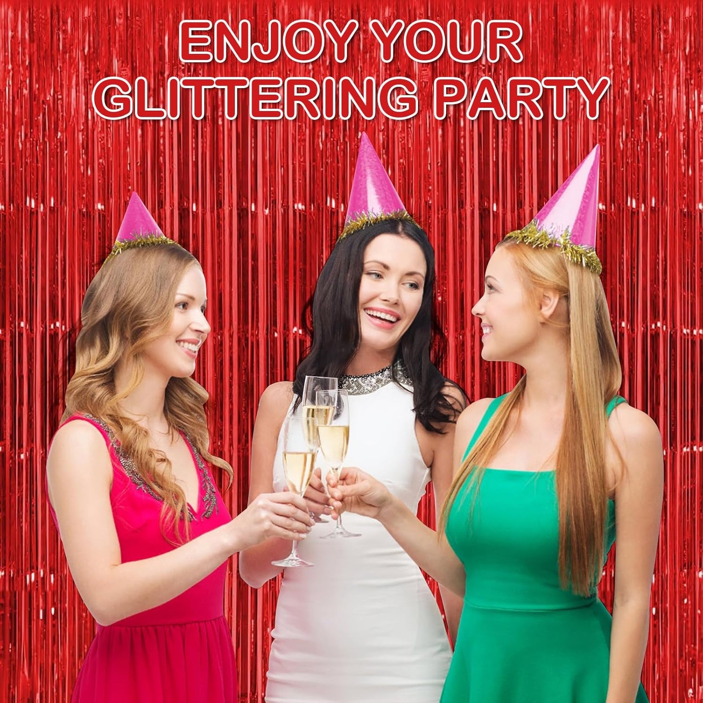 Red Fringe Curtain Party Streamers, 12 Pack 3.3ft x 8.2 ft Foil Curtain Backdrop Tinsel Foil Fringe Curtains Photo Booth Backdrop Streamer for Birthday, Wedding, Baby Shower, Disco Party