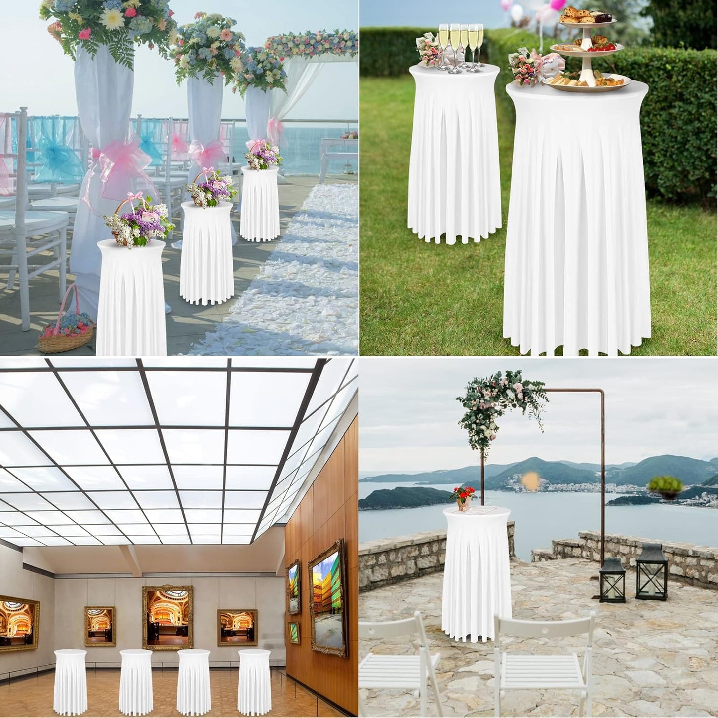 Cocktail Table Covers - 2 Pack 24"x 43" White Cocktail Table Tablecloth with Natural Wavy Round Skirt for Bar Wedding Party Banquet
