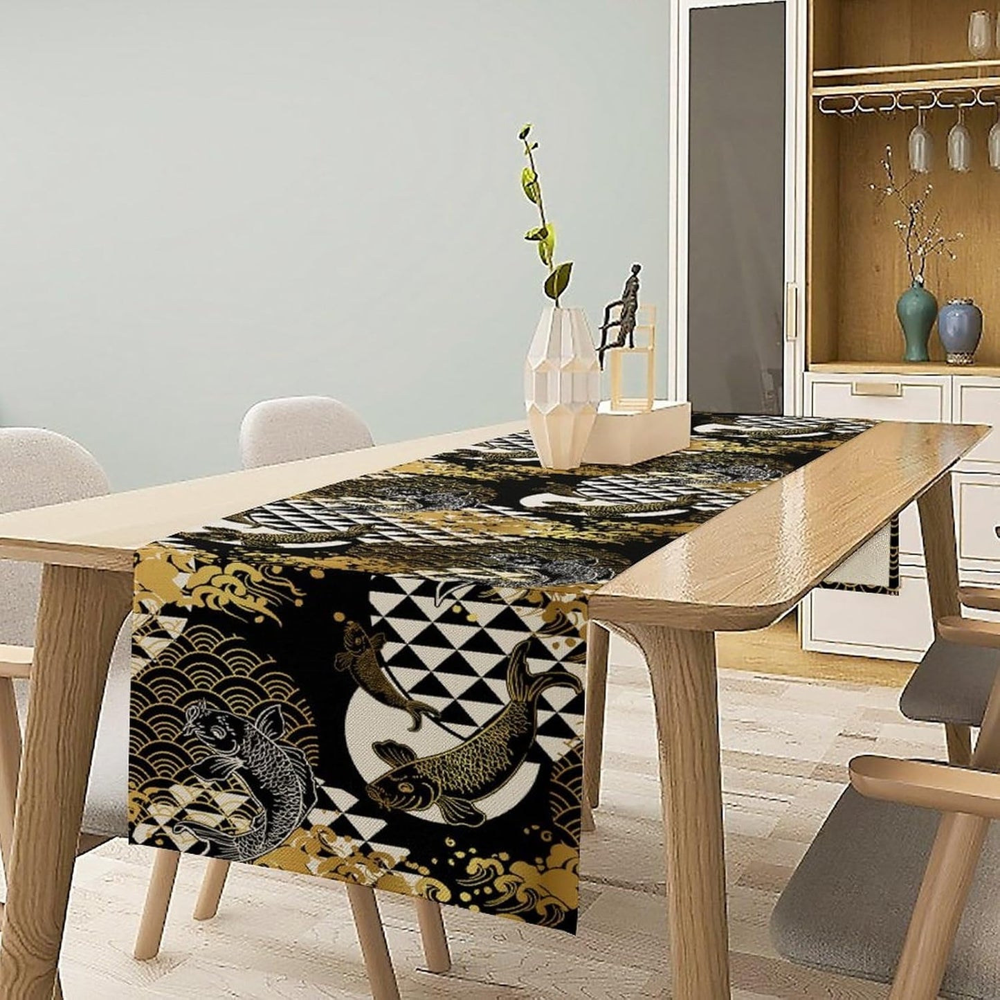 Japanese Table Runner Oriental Tradition Kio Fish Gold Art Printed Burlap Runner Home Kitchen Dining Table Living Room Decor Fabric 1 Panel W13xL90in