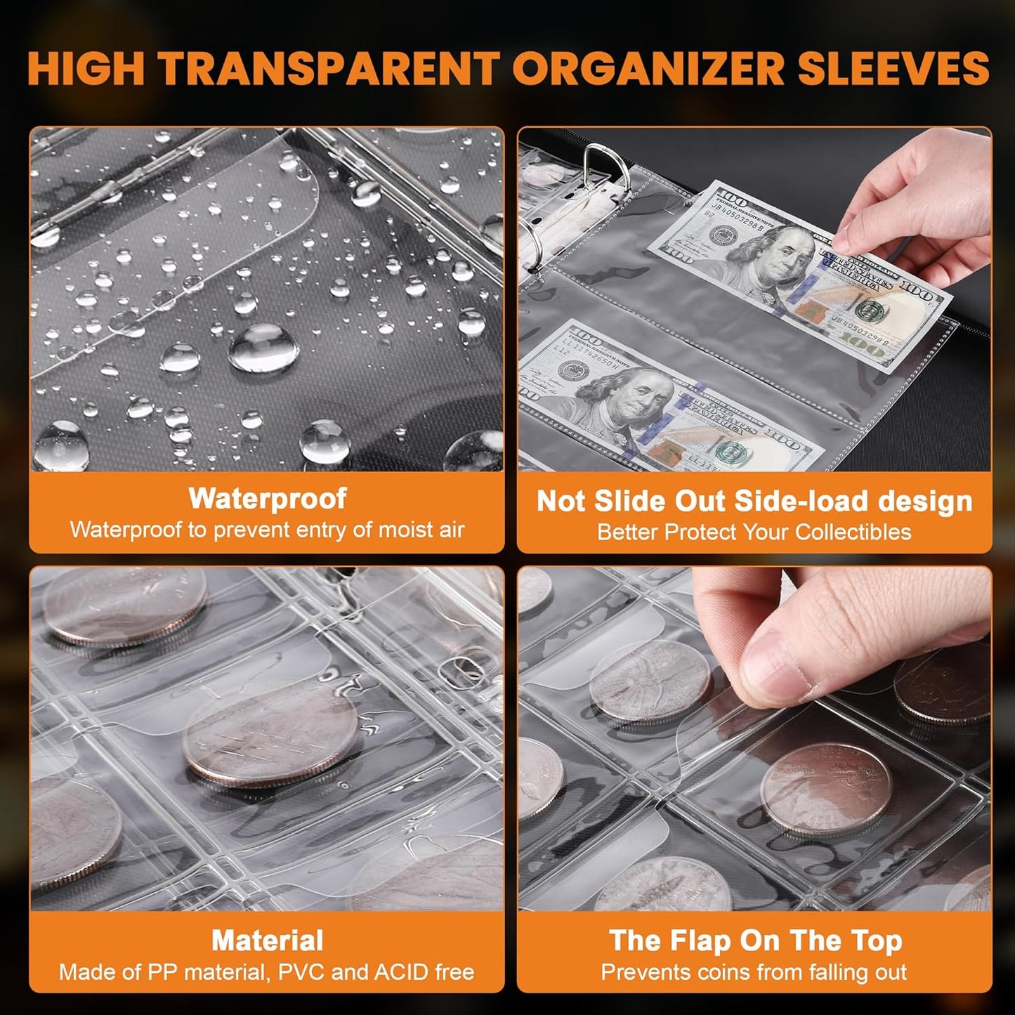 Coin Binder for Collectors with Handle, Fireproof 400 Pockets Coin Collection Album & 36 Paper Currency Book Sleeves, Coin and Bill Organizer Holder Supplies for Quarters, Pennies, 12.8x10.2x1.8inch