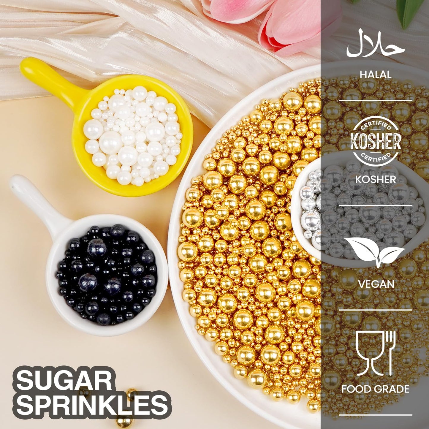 Edible Pearl Sugar Sprinkles for Cake Decorating, Mix 4 Colors Gold White Silver and Black Pearls Sprinkles for Cupcake, Cookie, Baking Cake Decorations, 160g/5.64oz, Holiday, Wedding Party Supplies