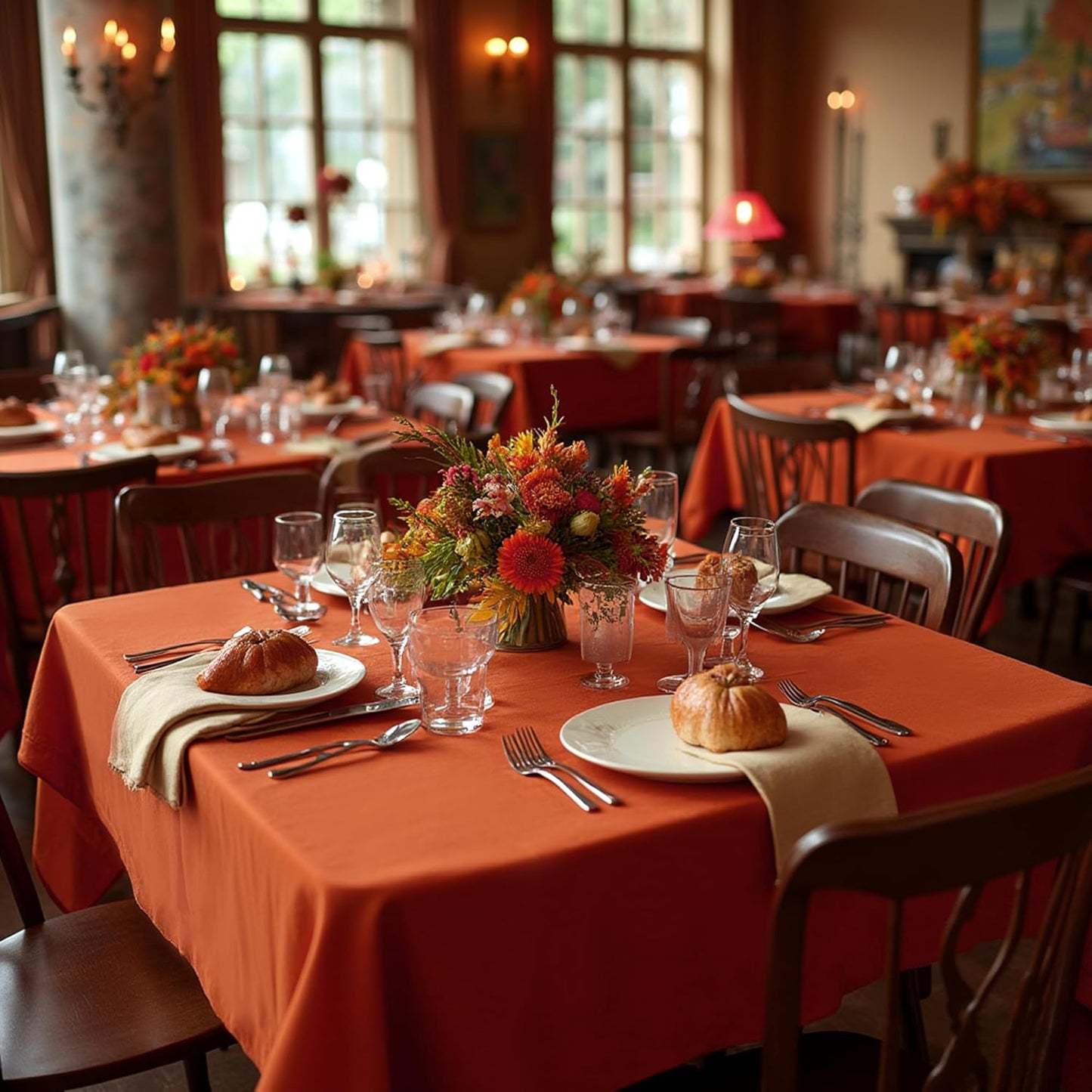 sancua Thanksgiving Square Tablecloths 54x54 Inch Rust, 2 Pack Fabric Fall Table Cloth for Square or Round Tables, Burnt Orange Washable Polyester Table Cover for Dinner, Holiday Party, Display Tables