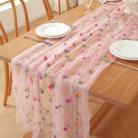 Pink Flower Tulle Table Runner 29x120 Inch Embroidery Florals Soft Sheer Tulle Fabric for Wildflower Party and Baby in Bloom Baby Shower Decorations