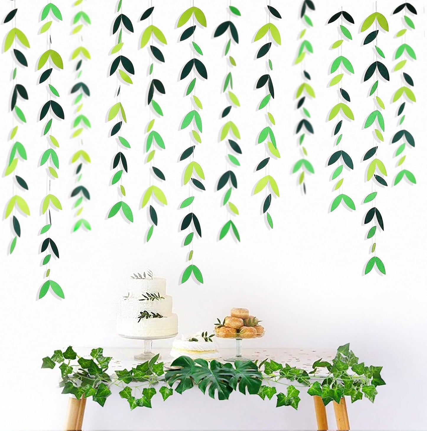 52 Ft Spring Summer Theme Green Paper Leaf Garland Hanging Leaves Streamer Banner for Green Birthday Wedding Engagement Bridal Shower Bachelorette Baby Shower Tea Party Decorations Supplies (4 Packs)