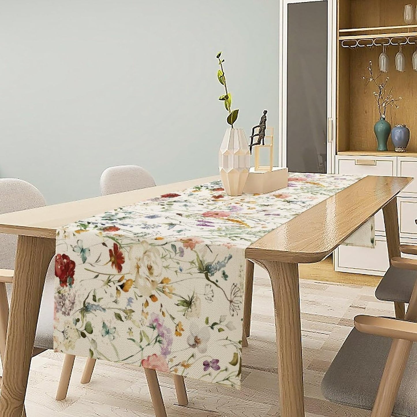 Floral Butterfly Table Runner,Rustic Colorful Flower Botanical Watercolor Pattern Print Burlap for Hotel Indoors Outdoor Dining Room Kitchen Holiday Party, 13x80in