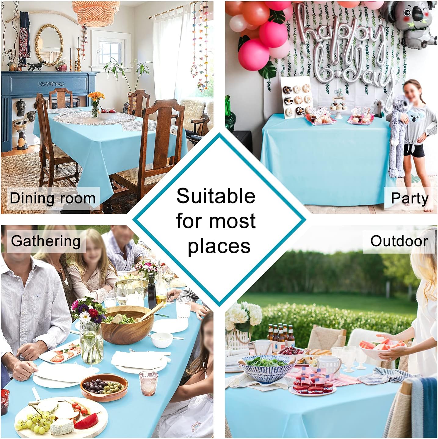 Hiasan Waterproof Tablecloth Rectangle - Washable Fabric Table Cloth for Dining Room Kitchen Birthday Party and Outdoor Use, Sky Blue, 70 x 120 Inch