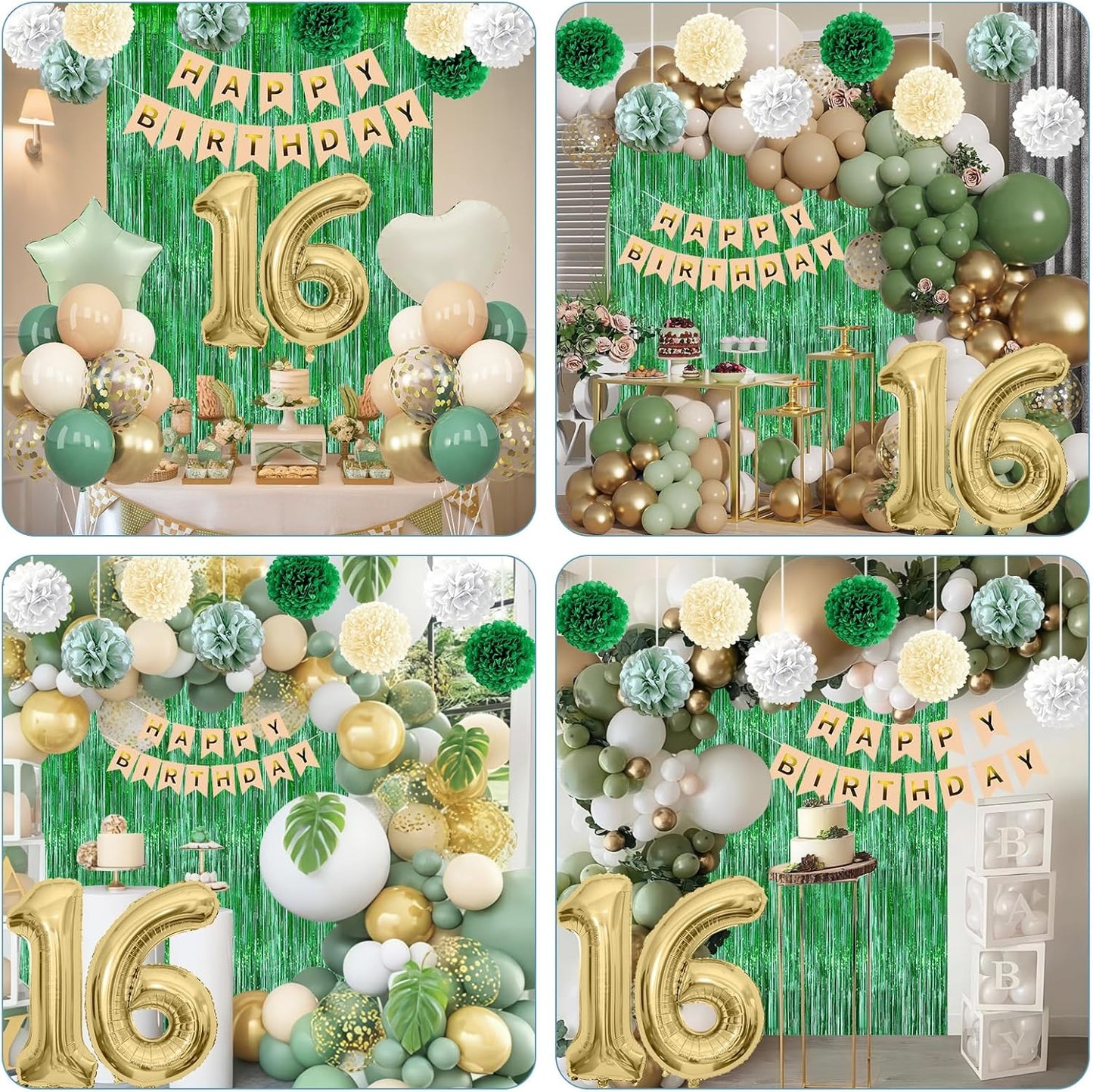 Sage Green 16th Birthday Decorations for Boys Girls Gold Number 16 Balloon Nude Gold Happy Birthday Banner Fringe Curtain Paper Pom Poms Olive Green Cream White Sand Star Foil Balloons Party Decor