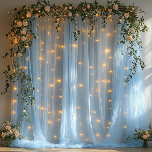 10x10ft Baby Blue Tulle Backdrop Curtain with String Lights, Wrinkle-Free Sheer Baby Shower Backdrop for Birthday Party, Bridal Shower, Photo Shoots, Wedding and Home Decorations, Baby Blue