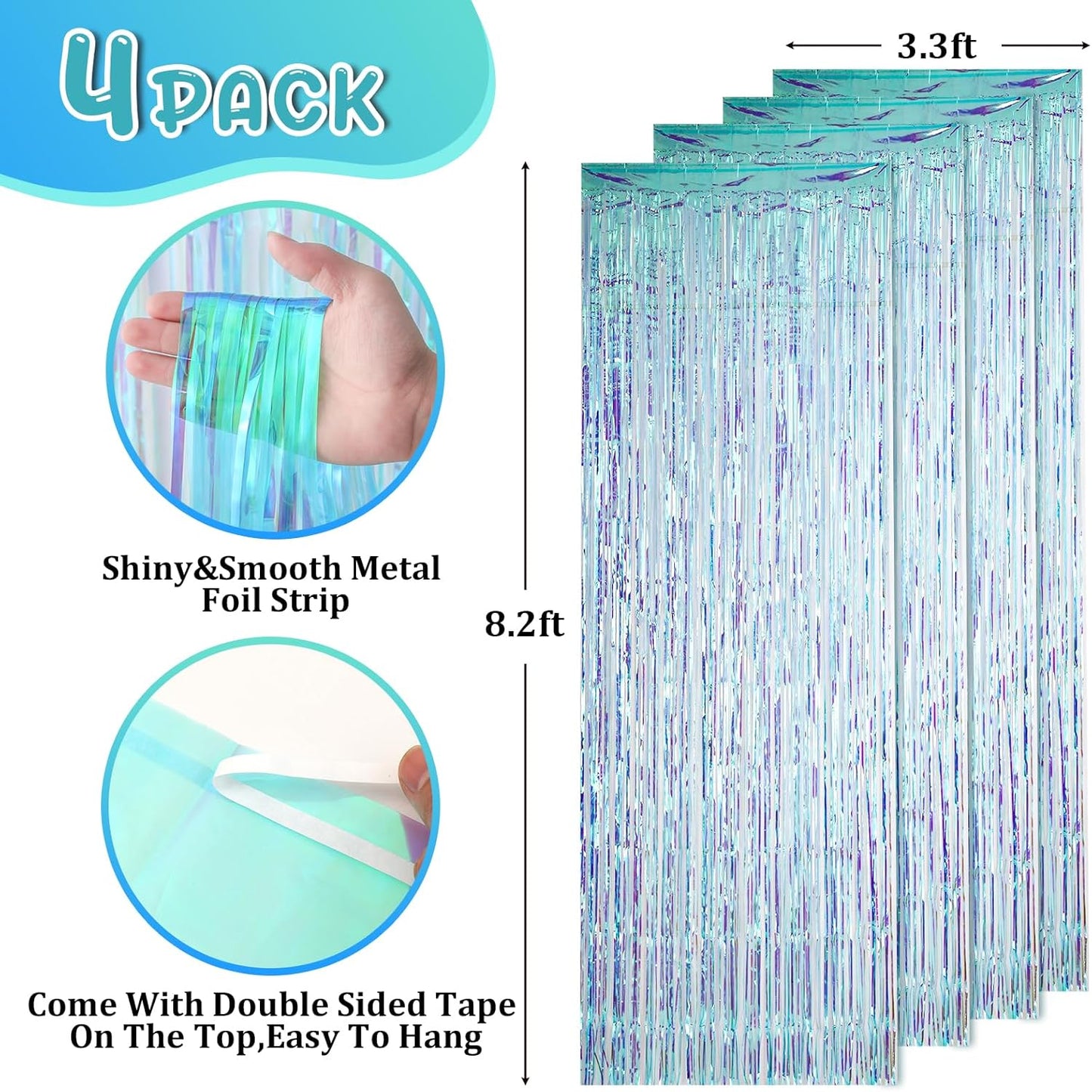4 Pack 3.3x8.2 Feet Neon Iridescent Foil Fringe Backdrop Curtains, Tinsel Streamers Birthday Party Decorations, Fringe Backdrop for Graduation, Baby Shower, Gender Reveal, Disco Party
