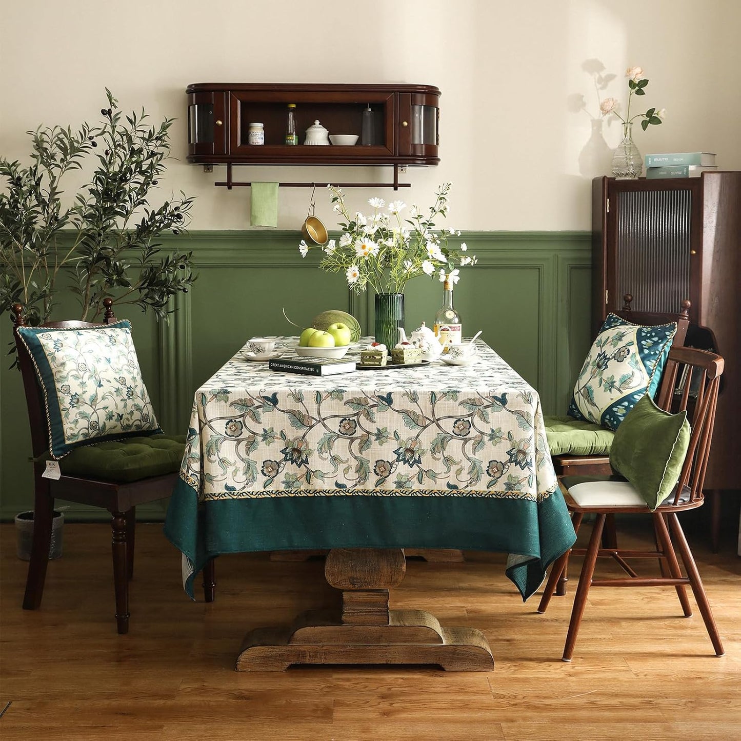 patdrea Designer Green Small Linen Table Cloth for Rectangle Table,Vintage Floral Pattern Durable Extra Long Tablecloth,French Decor for Kitchen Dining,Christmas,Thanksgiving,Party,67"x118"-Noah