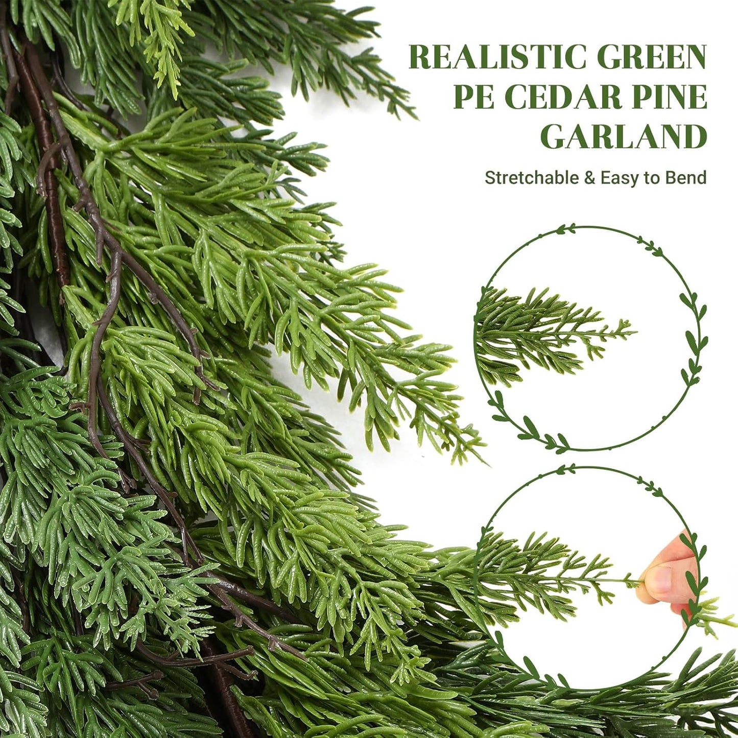 Alupssuc 9FT Christmas Garland, Cedar Garland -Real Touch Artificial Greenery Cypress Pine Garland for Mantle Table Railing Fireplace Indoor & Outdoor Christmas Decoration