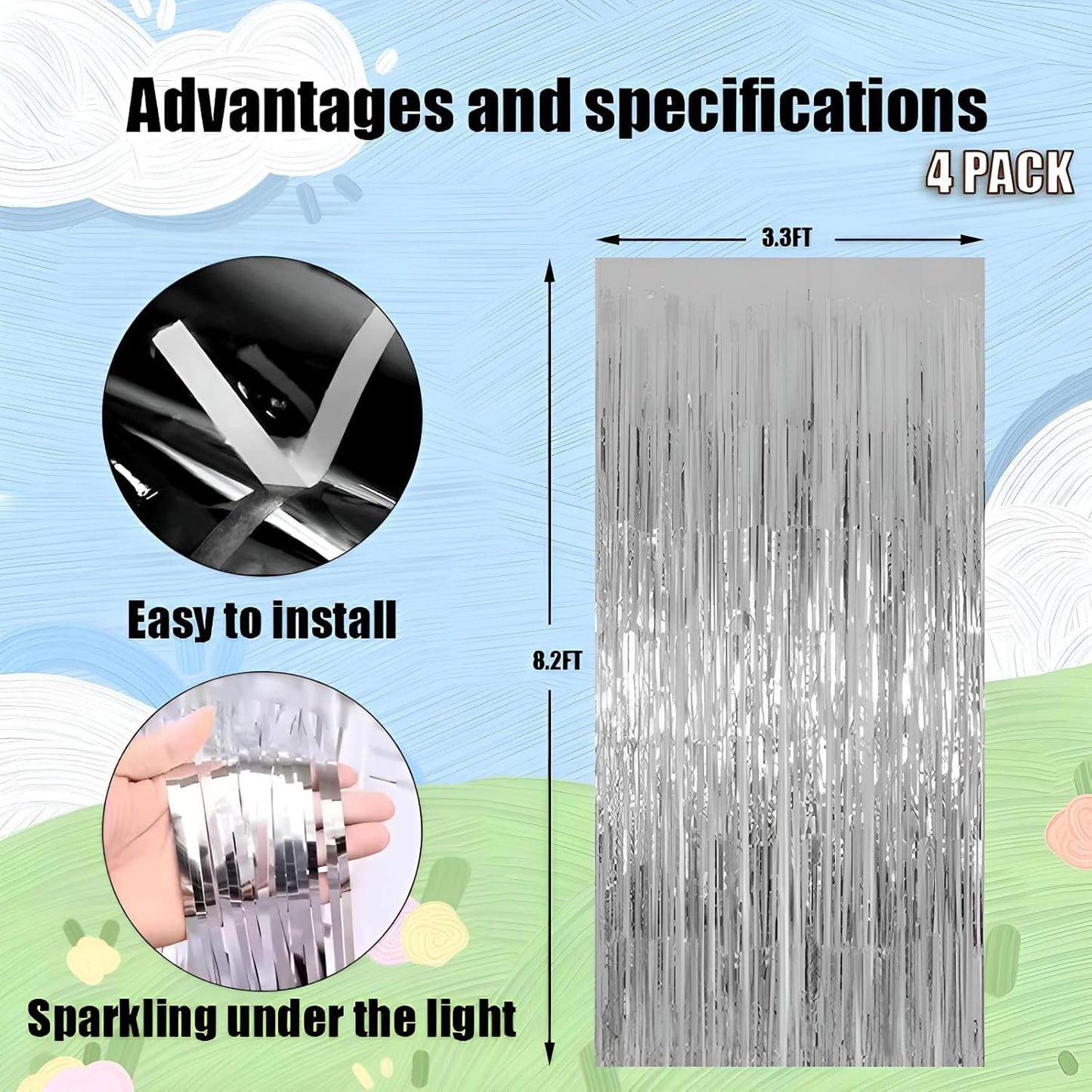 Keyali 4 Pack 3.3 * 8.3 ft Foil Curtain Metallic Tinsel Fringe Curtains Photo Booth Props Backdrop for Birthday Wedding Engagement Baby Shower Christmas Holiday Celebration Partyl,Silvery