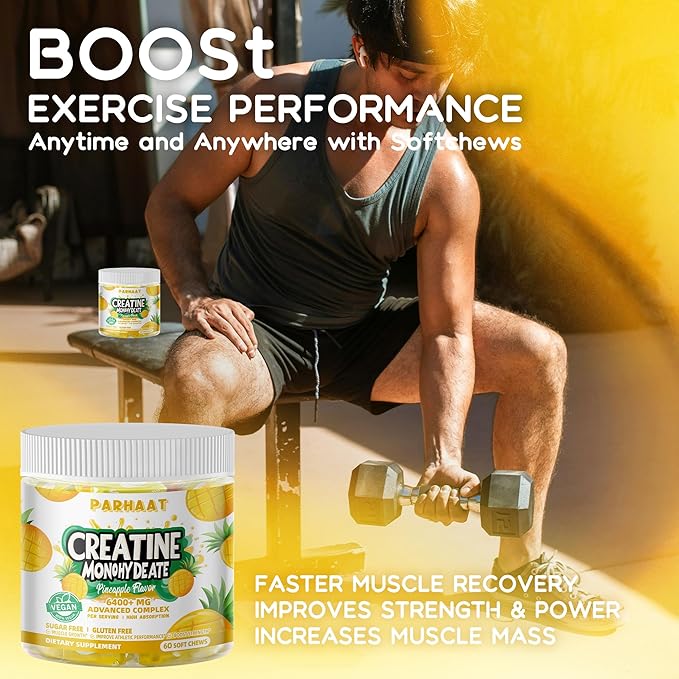 Creatine Monohydrate Chews Complex 6400mg for Men & Women -Advanced Formula W/L-Taurine + Vitamin B12, Sugar Free Chewable Supplement,60 Pineapple Softchews