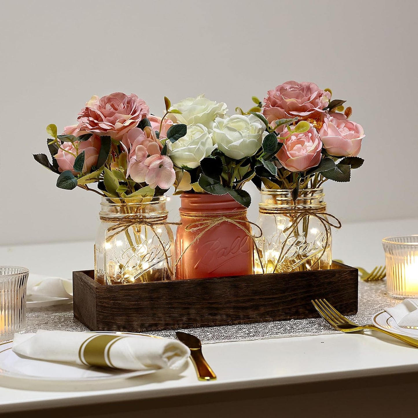 Mason Jar Lights Centerpiece for Table, Mason Jar Centerpiece Decor for Dining Room Farmhouse Coffee Table Decor with Wood Tray Fairy Lights Fake Peony Flowers for Kitchen Living - Pink White