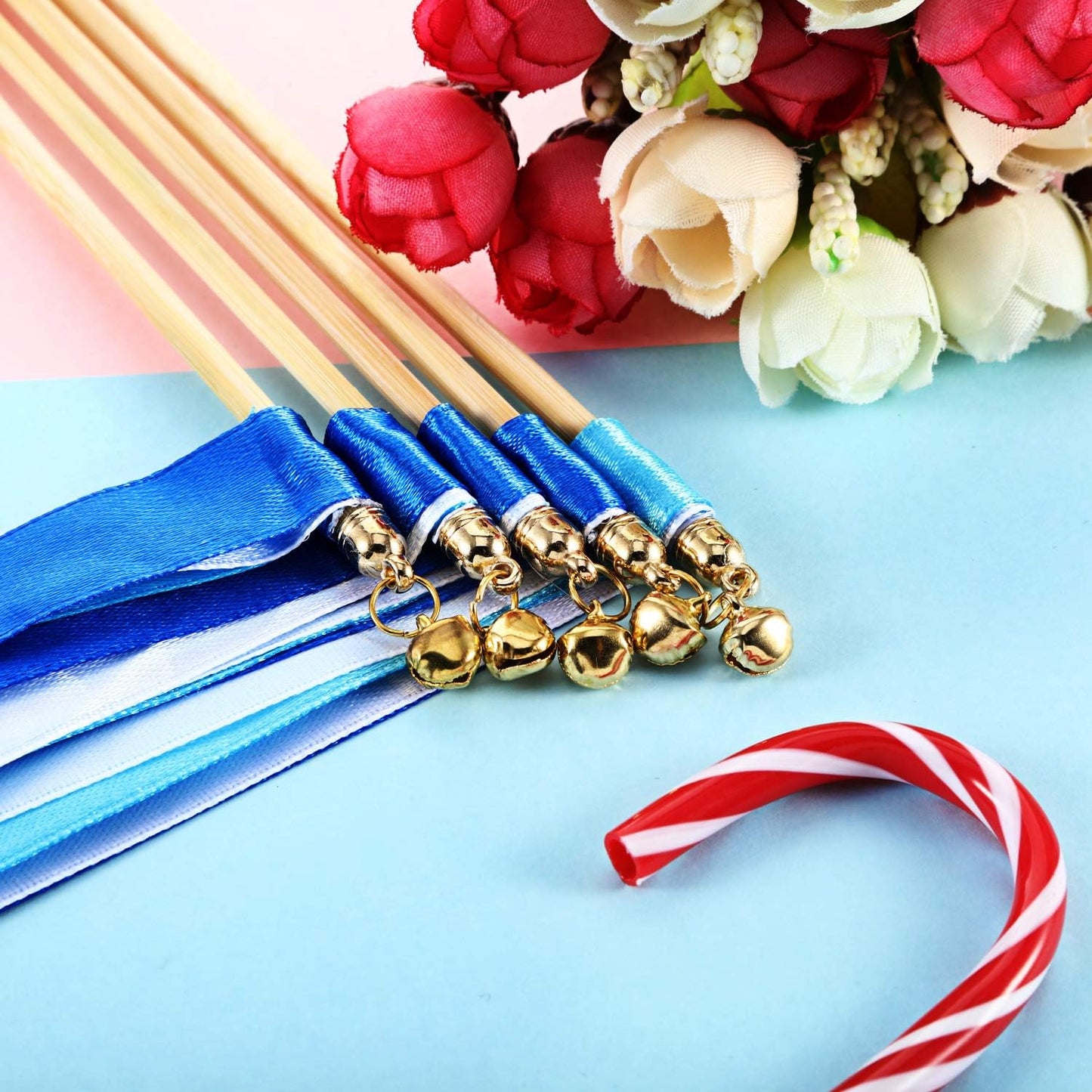 Boao 40 Pieces Mixed Color Ribbon Sticks with Bell, Ribbon Sticks for Stick Party, Streamers for Wedding Birthday Party Celebration Baby Shower Favors(Blue)