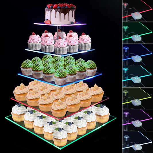 Cupcake Stand with Rechargeable Led, 5 Tier Clear Cupcake Holder, 7 Colors Light Cupcake Tower, Acrylic Dessert Table Display Set for Weddings, Christmas, Birthday, Parties, Baby Showers