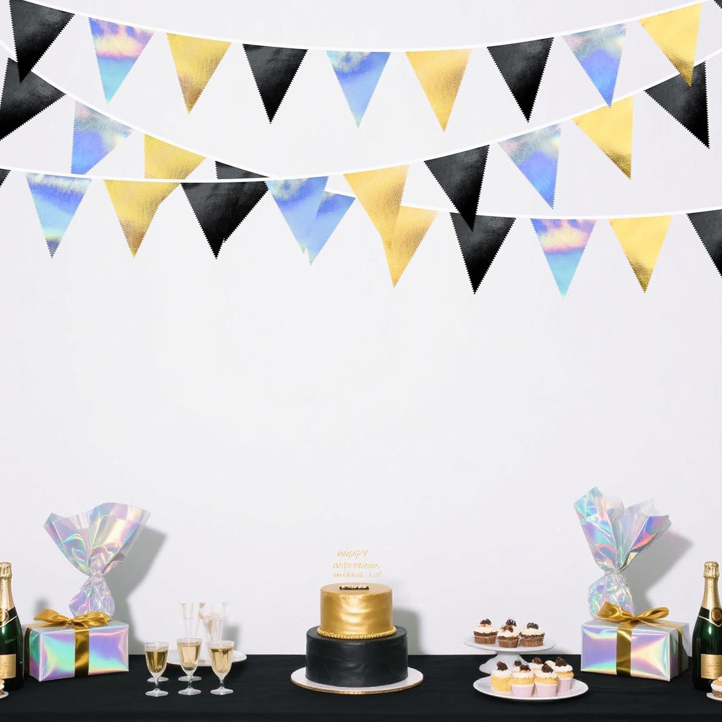 Black Gold Iridescent Party Decorations Triangle Pennant Banner Flag Metallic Fabric Bunting for Birthday Graduation Retirement Wedding Bridal Shower Engagement Bachelorette Disco Party Supplies