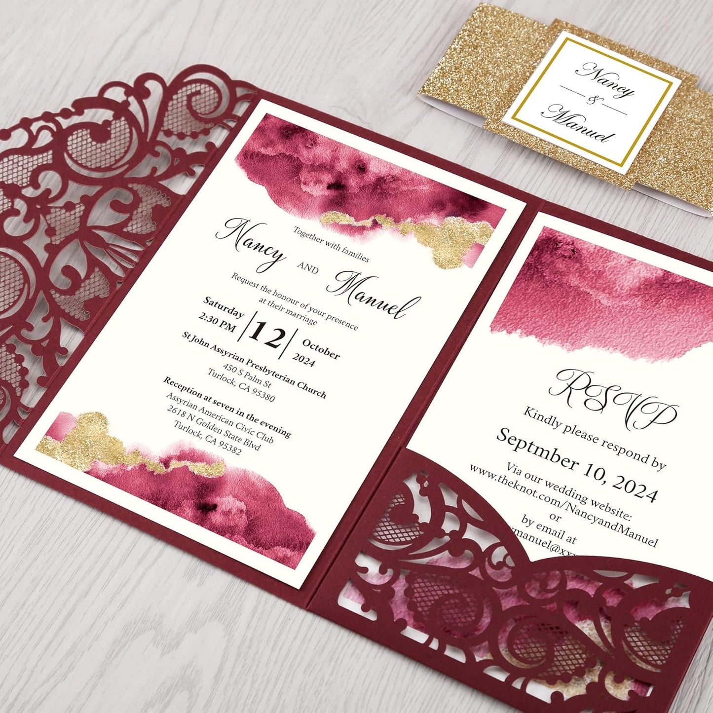 DORIS HOME 50PCS Laser Cut Wedding Invitations with Envelopes and RSVP Cards Personalized Inner With Gold Glitter Belly Band for Wedding Engagement Bridal Shower Party Invite 4.7x7 Inch Burgundy