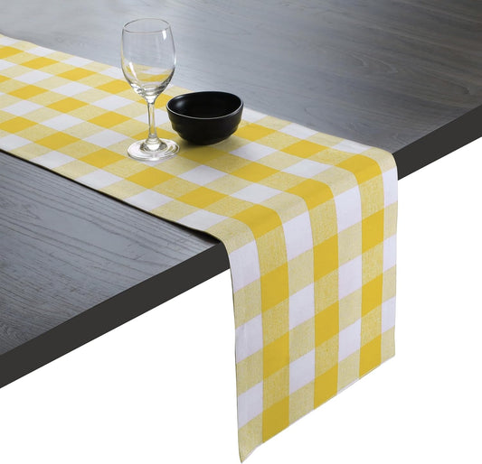 Native Fab Table Runner Buffalo Check Plaid 100% Cotton - 13x72 Inches Kitchen Dining Table Decoration for Indoor Outdoor Farmhouse Home Party Decor - Lemon Yellow and White