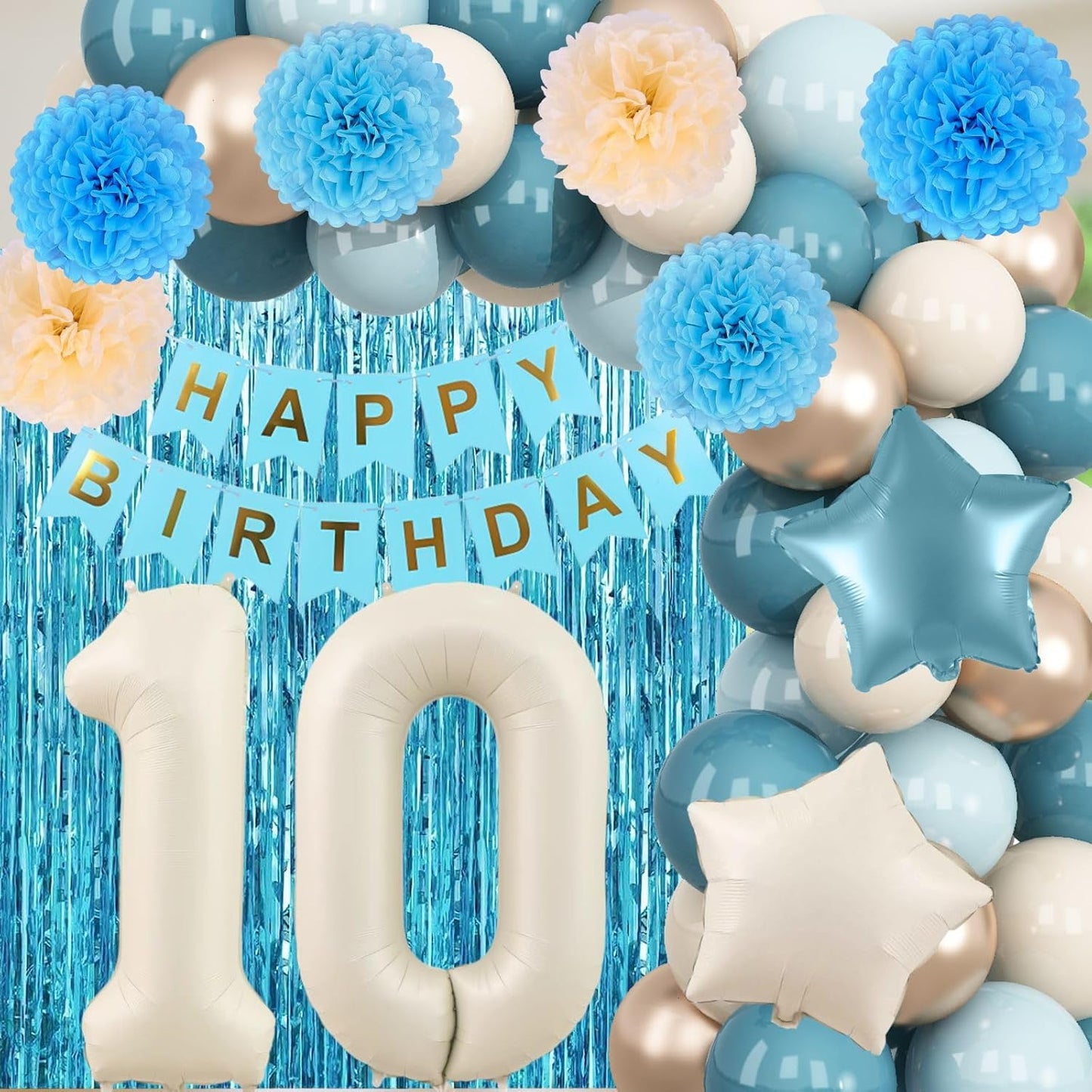 Dusty Blue 10th Birthday Party Decorations Boys Girls Beige Cream Number 10 Balloon with Blue Gold Happy Birthday Banner Fringe Curtain Paper Pom Poms Nude White Sand Champagne Star Foil Balloons