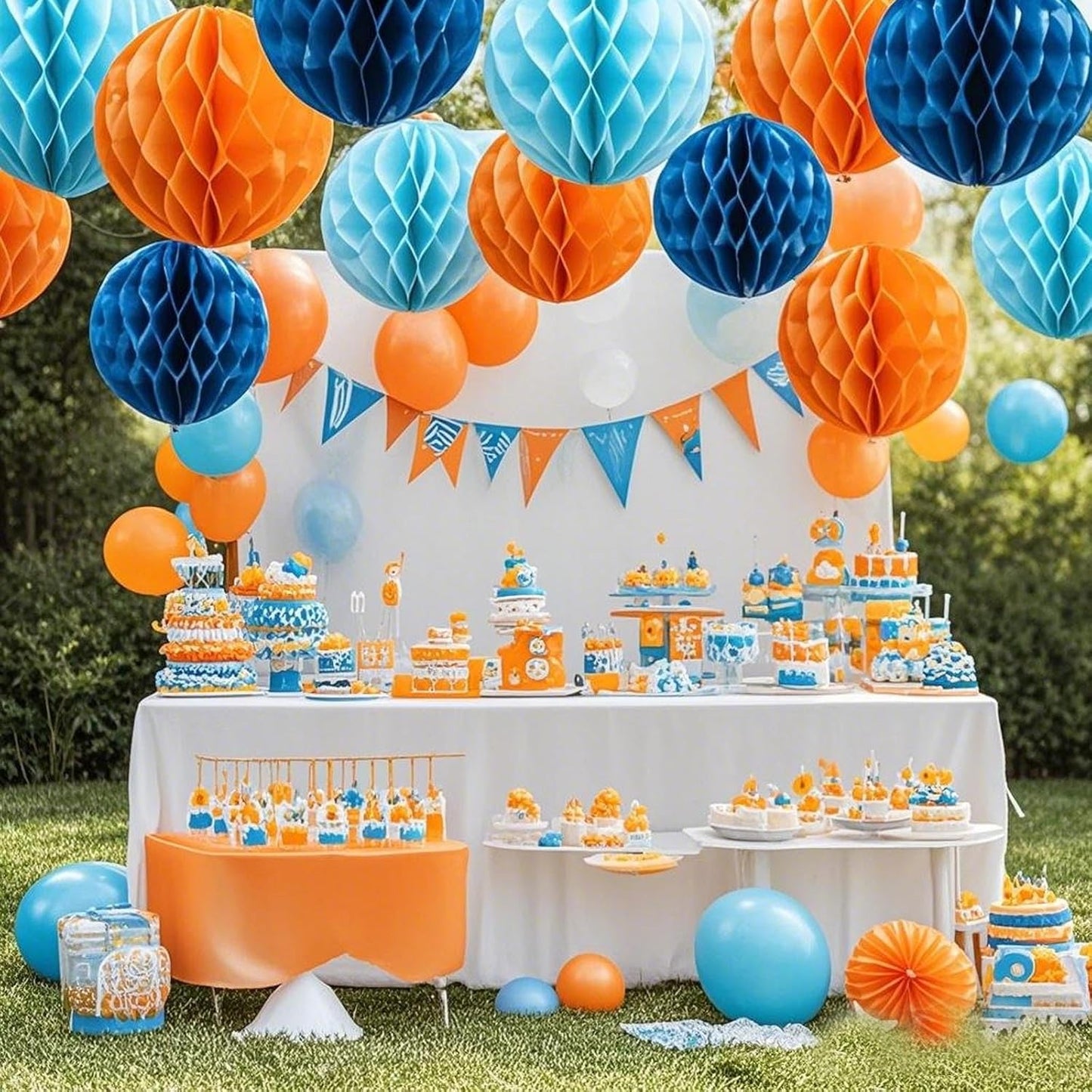 Orange Blue Paper Honeycomb Balls,12 Pack Hanging Tissue Pom Poms for Birthdays,Weddings,Home Party Decoration