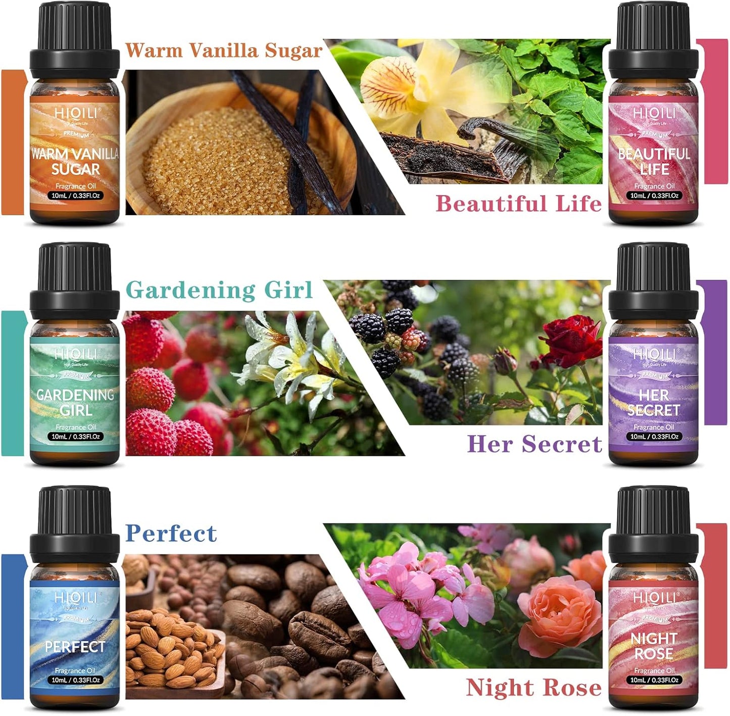 HIQILI Women Fragrance Oil 6x10ml, Essential Oils for Candle Scents Soap Making & Diffuser, Sweet Flowers Scented Oil Set for Aromatherapy Slime Wax Home Car